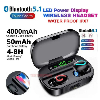 Bluetooth 5.1 wireless earbuds with LED power display, waterproof IPX7, 4000mAh charging case