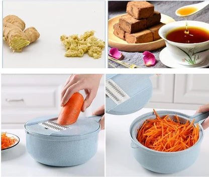 Ginger roots and shredded ginger, tea with honey and chocolate squares, and a blue manual vegetable grater with shredded carrots