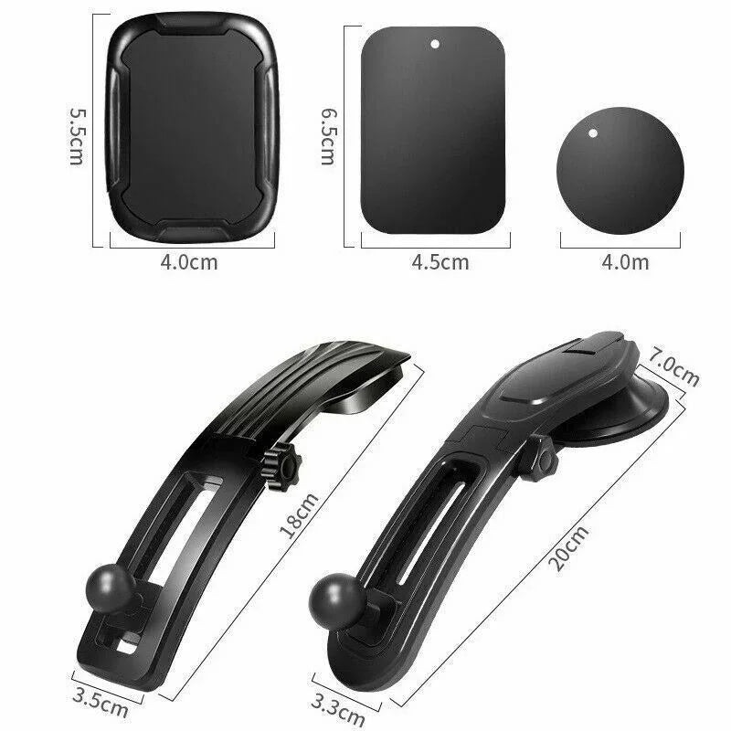 Black adjustable car phone holder mounts with metal plates and dimensions, dashboard suction cup design