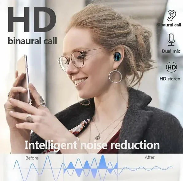 Woman wearing wireless earbuds with binaural call, dual mic, and intelligent noise reduction features
