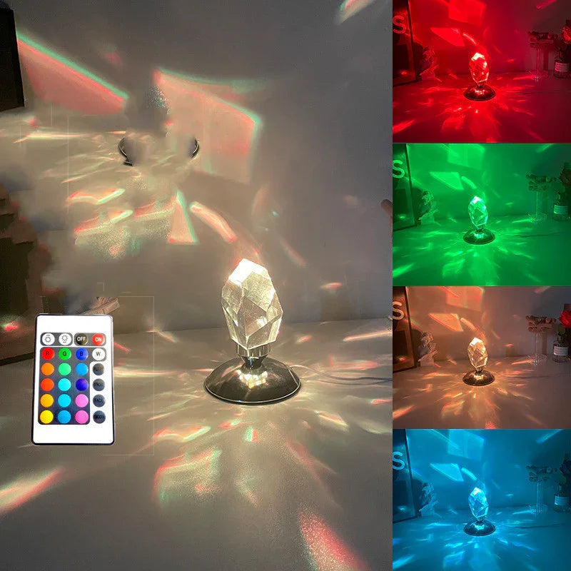 Crystal prism table lamp with color-changing LED light and remote control, casting colorful reflections