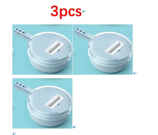Set of 3 transparent plastic slicers with handles and stainless steel blades on blue background
