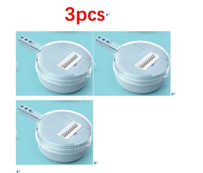 Set of 3 transparent plastic slicers with handles and stainless steel blades on blue background