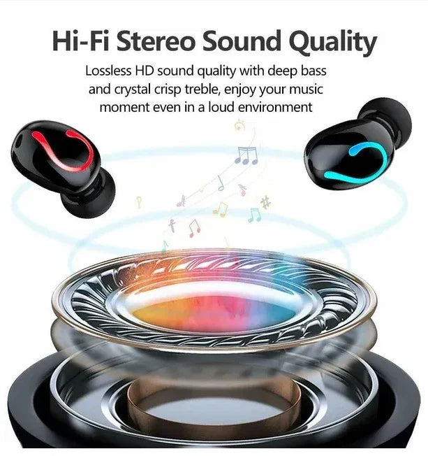 Wireless earbuds with colorful sound waves and speaker components illustrating Hi-Fi stereo sound quality