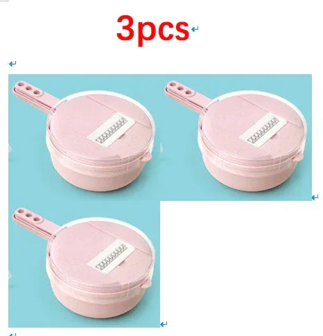 Set of three pink plastic kitchen strainers with handles on blue background