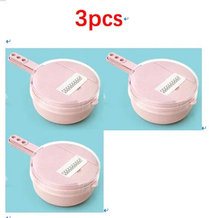 Set of three pink plastic kitchen strainers with handles on blue background