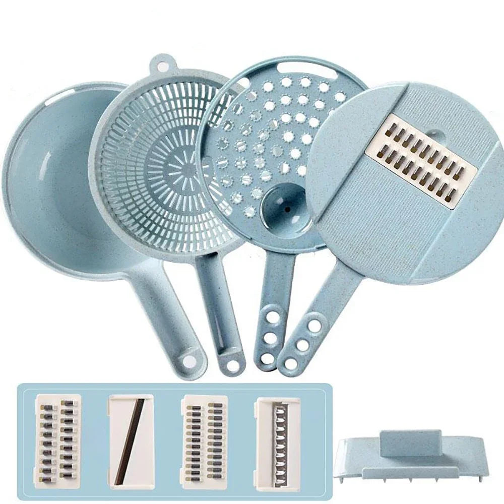 Blue multifunctional kitchen slicer set with grater, strainer, ladle, and interchangeable blades