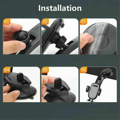 Step-by-step installation guide for black car phone mount with suction cup and adjustable holder