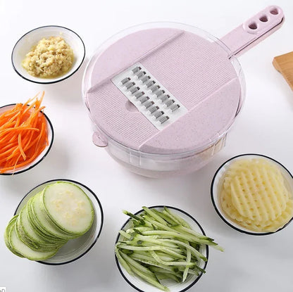 Compact purple multifunctional vegetable slicer with shredded carrots, grated ginger, sliced cucumber, julienned cucumber, and crinkle-cut potatoes