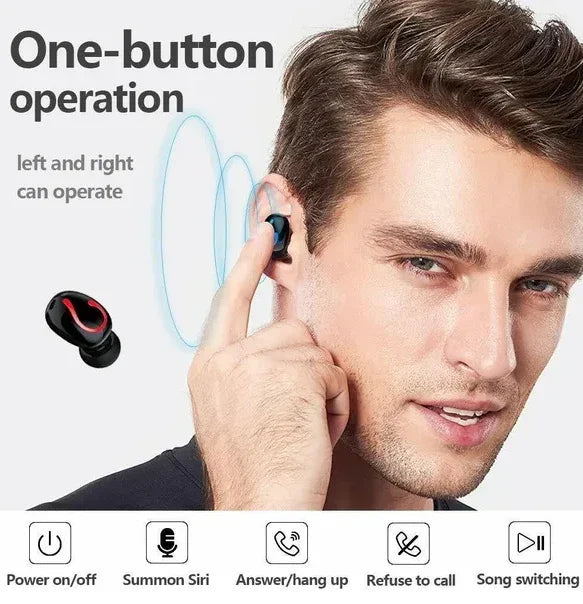 Man using one-button wireless earbud with smart features like Siri, call handling, and song switching