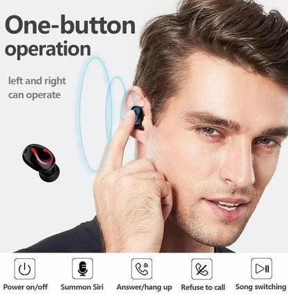 Man using one-button wireless earbud with smart features like Siri, call handling, and song switching