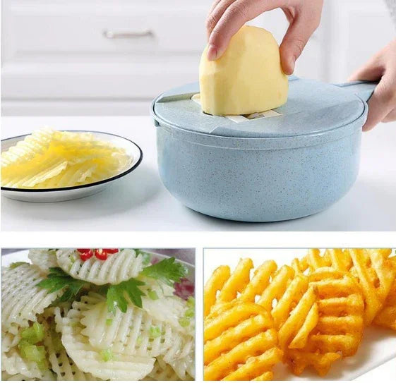 Hand slicing potato with blue crinkle cutter, plate of raw crinkle-cut potatoes, and cooked golden fries