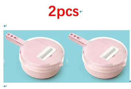 Two pink plastic cooking pots with long handles on a blue background, featuring metal graters on lids