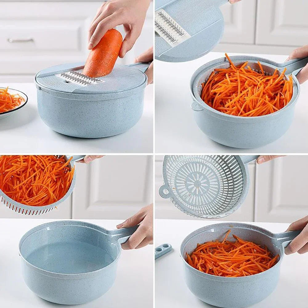 Blue multi-functional kitchen grater bowl set shredding and washing carrots in a modern kitchen