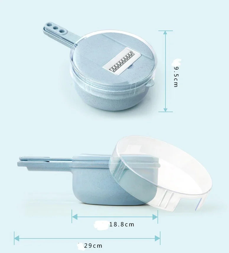 Blue plastic vegetable spiral slicer with clear lid and handle, dimensions 29cm x 18.8cm x 9.5cm