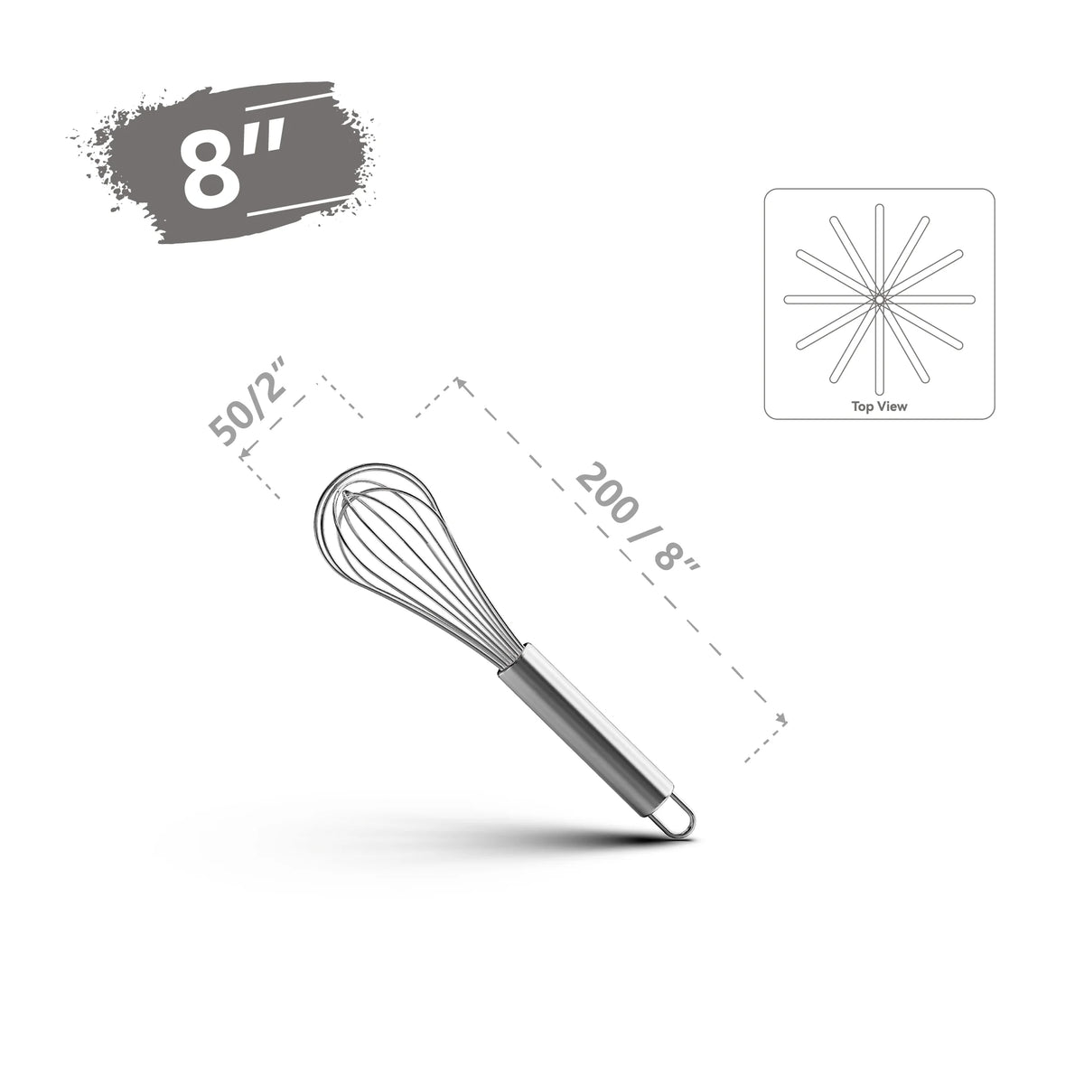 8-inch stainless steel kitchen whisk with 2-inch diameter and top view wire design
