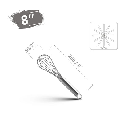 8-inch stainless steel kitchen whisk with 2-inch diameter and top view wire design