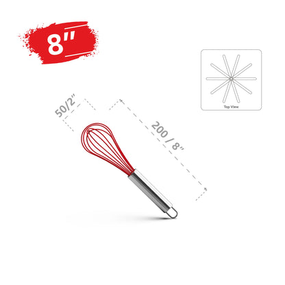8-inch red silicone whisk with stainless steel handle, kitchen utensil, top view diagram