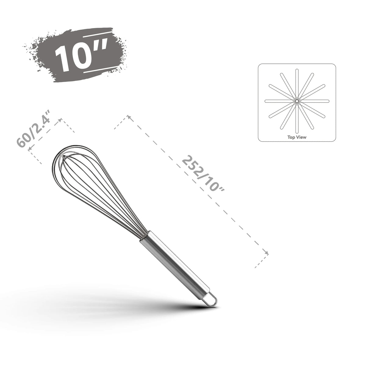 10-inch stainless steel kitchen whisk with dimensions and top view diagram