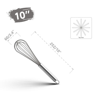 10-inch stainless steel kitchen whisk with dimensions and top view diagram