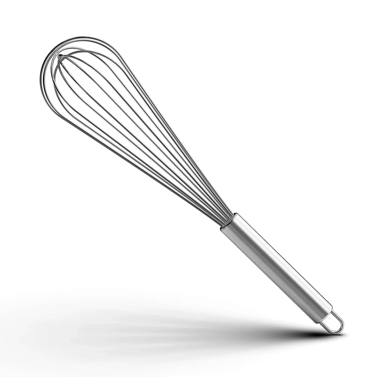 Stainless steel kitchen whisk with ergonomic handle on white background