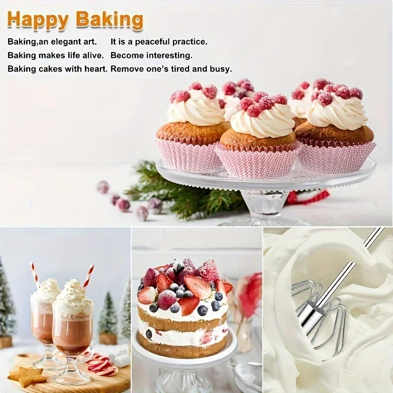 Cupcakes with cream and red berries, whipped cream drinks, berry cake, and electric mixer in white frosting