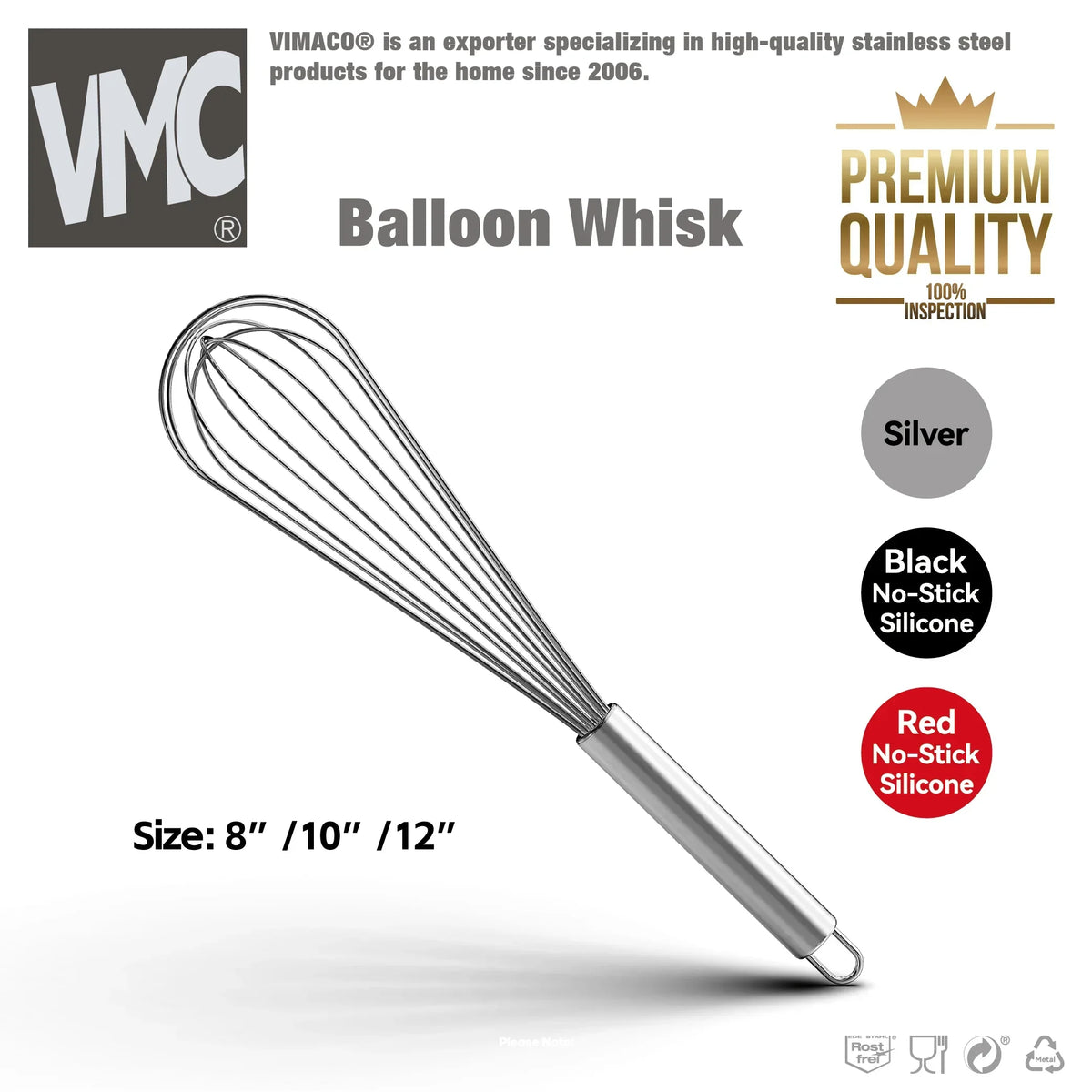 VIMACO stainless steel balloon whisk with premium quality, available in 8, 10, 12 inches