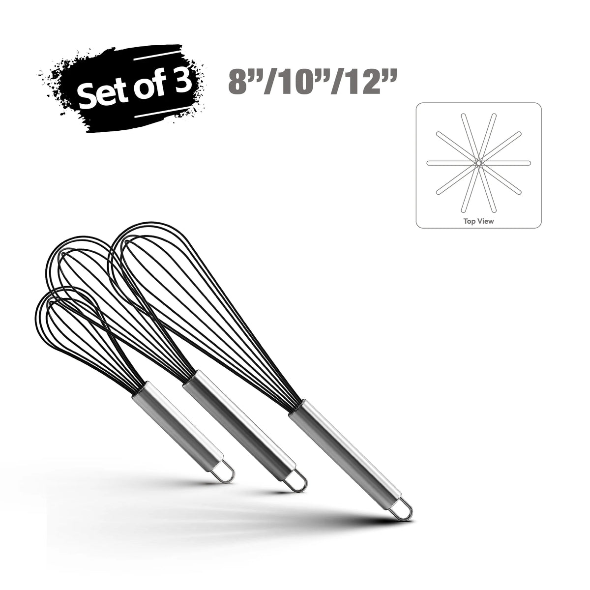 Set of 3 stainless steel black wire whisks in 8, 10, and 12 inch sizes with hanging loops