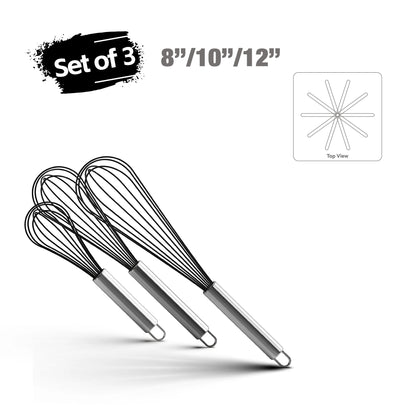 Set of 3 stainless steel black wire whisks in 8, 10, and 12 inch sizes with hanging loops