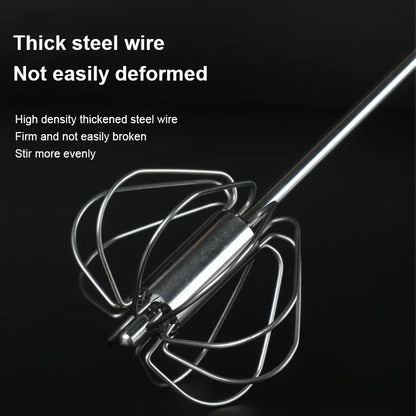 Close-up of a thick, high density steel wire whisk against a black background