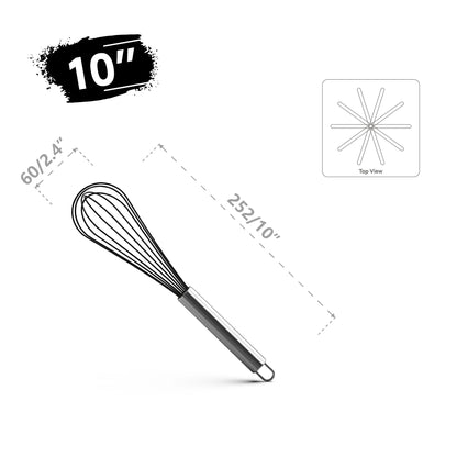 10-inch stainless steel wire whisk with black silicone coated wires and handle loop, shown with dimensions