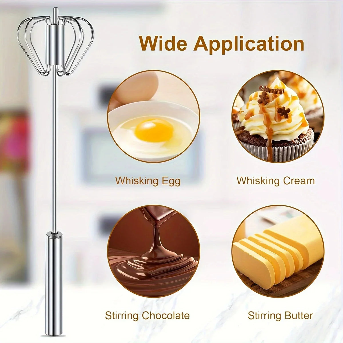 Stainless steel whisk tool with images showing uses for whisking eggs, cream, stirring chocolate, and butter