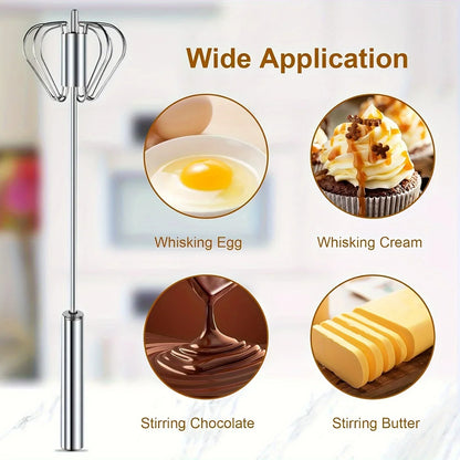 Stainless steel whisk tool with images showing uses for whisking eggs, cream, stirring chocolate, and butter