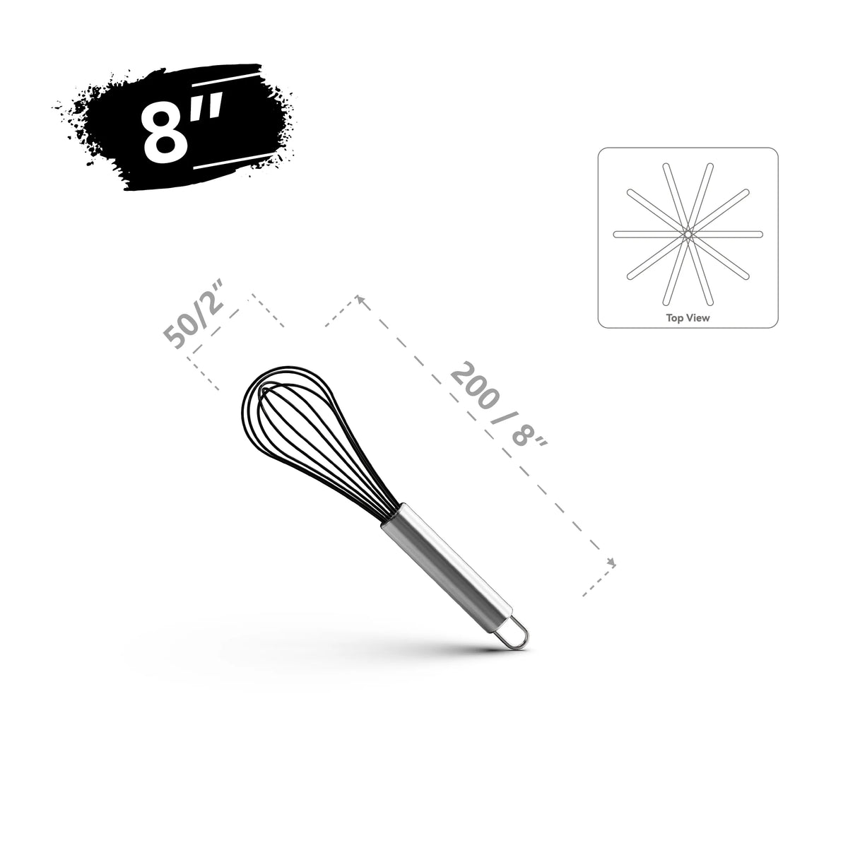 8-inch stainless steel kitchen whisk with silicone-coated wires and top view diagram