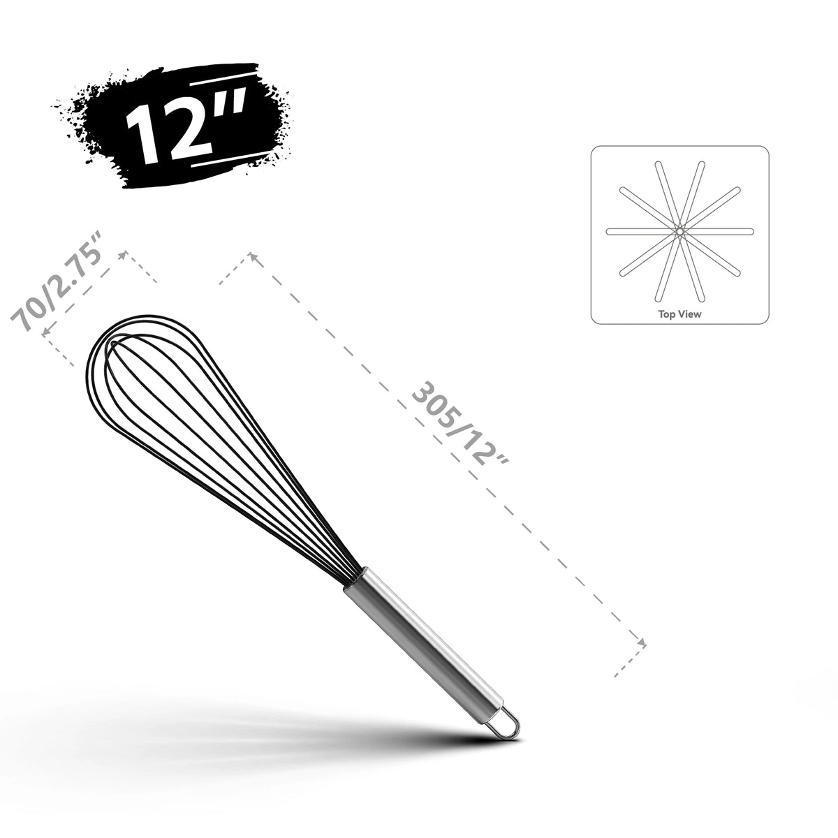12-inch stainless steel wire whisk with 2.75-inch head diameter and top view diagram