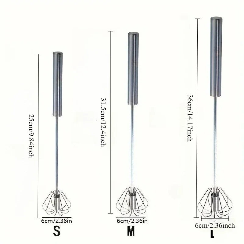 Set of three stainless steel handheld whisks in sizes small, medium, and large with measurements