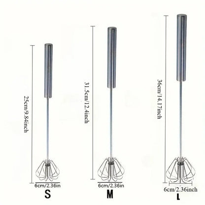 Set of three stainless steel handheld whisks in sizes small, medium, and large with measurements