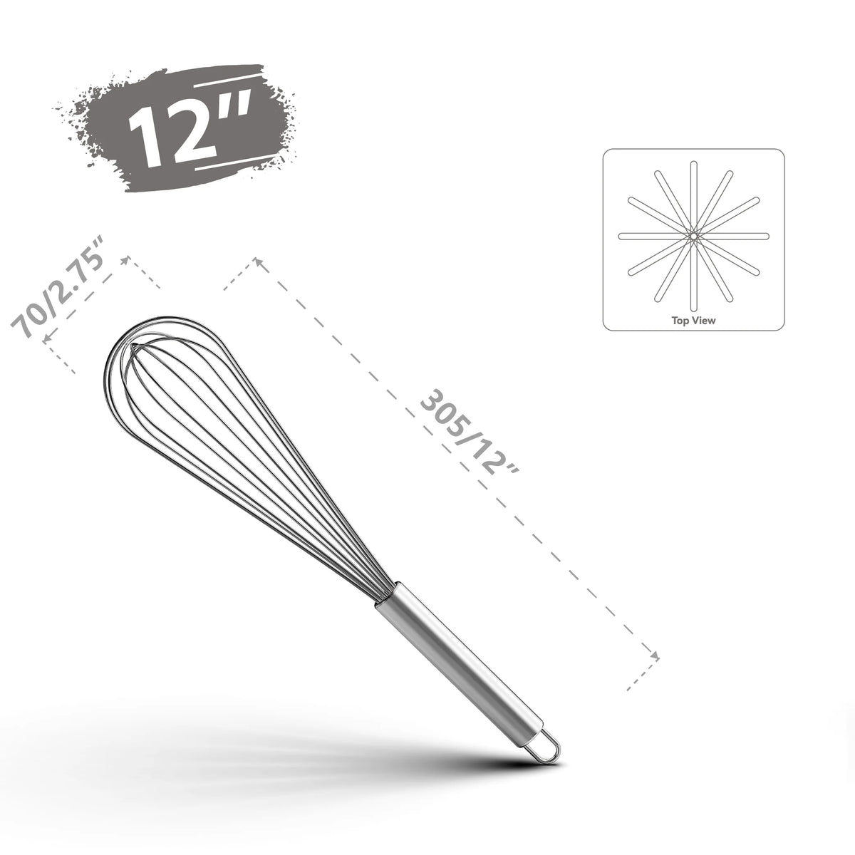 12-inch stainless steel kitchen whisk with loop handle and top view diagram