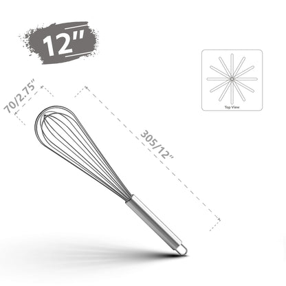 12-inch stainless steel kitchen whisk with loop handle and top view diagram