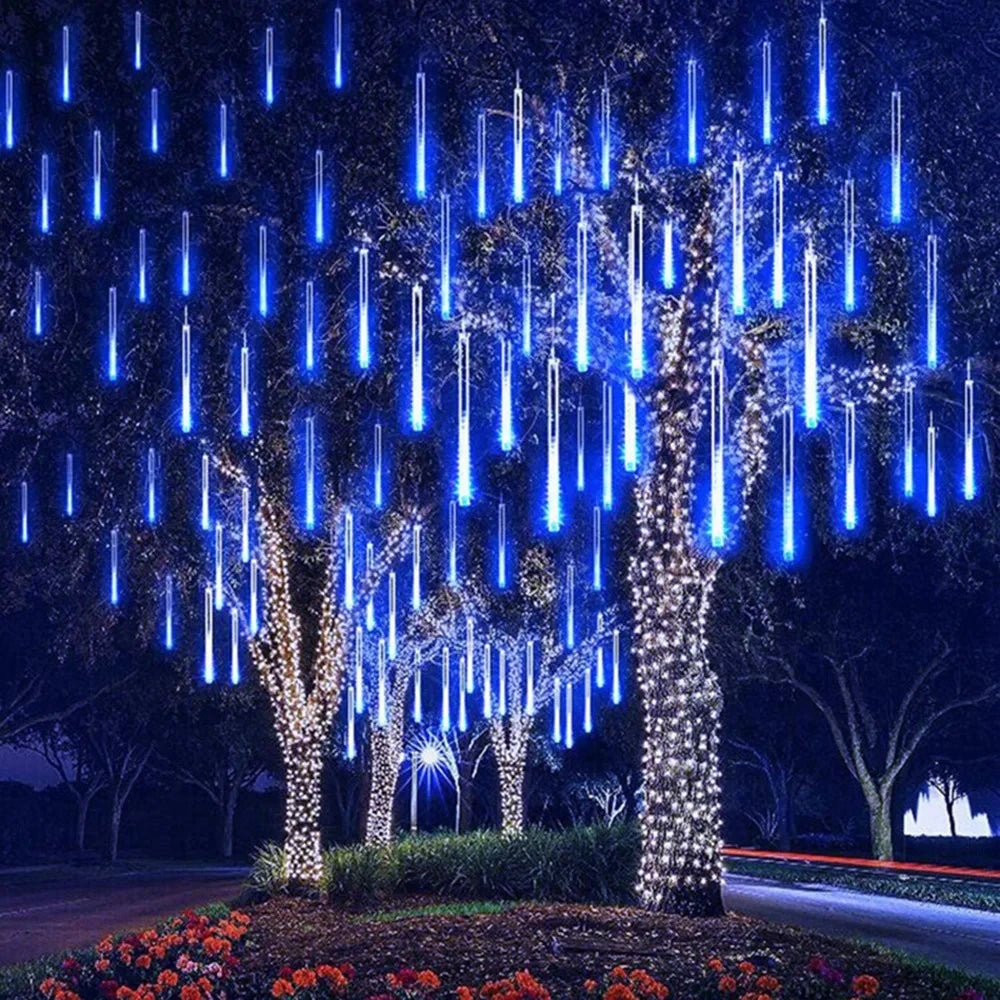 LED Meteor Shower Rain Lights – Waterproof Falling Raindrop String Lights for Christmas, Holidays & Outdoor Garden Decor