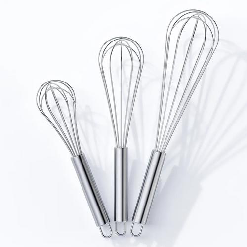 Set of three stainless steel kitchen whisks in small, medium, and large sizes on white background
