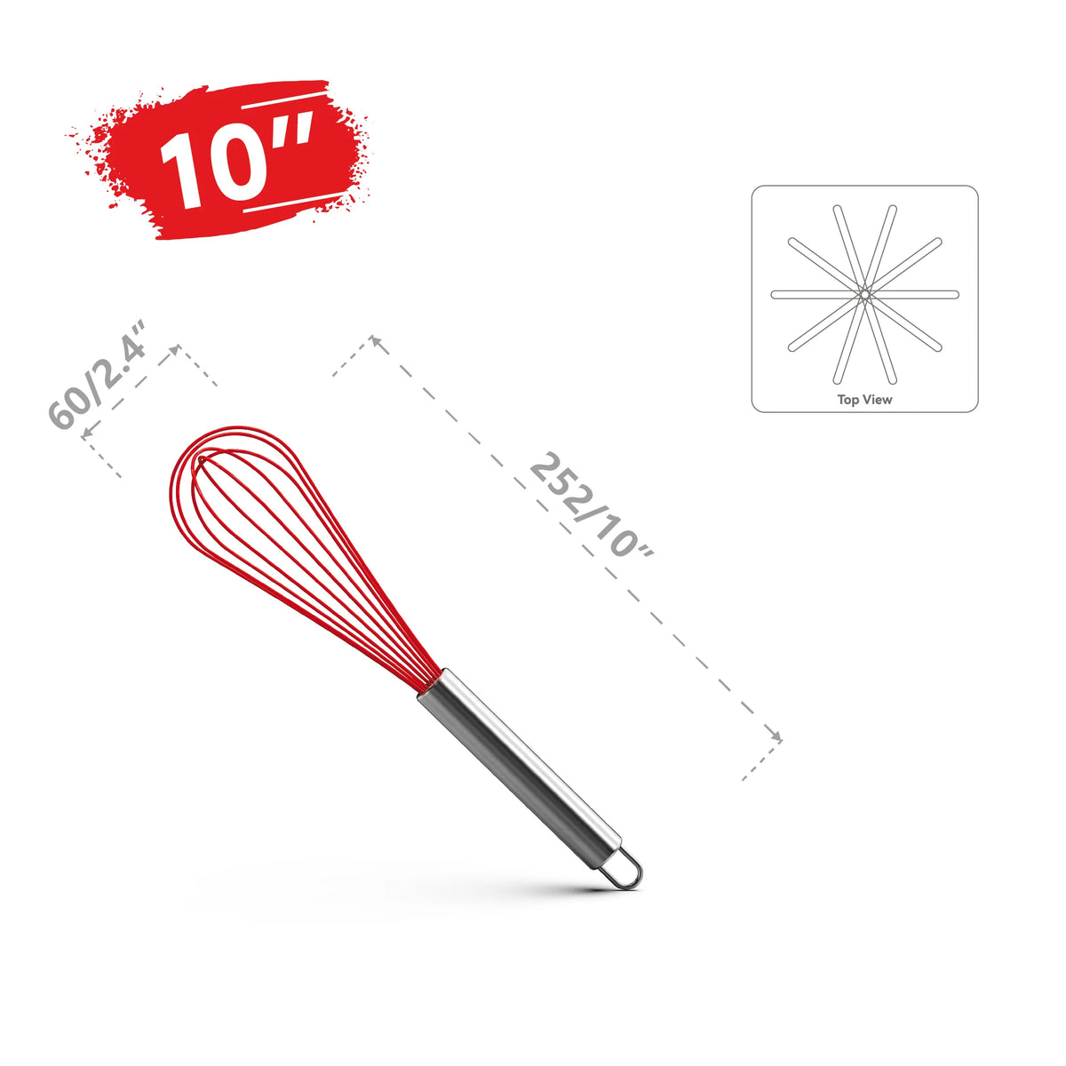 10-inch red silicone whisk with stainless steel handle and dimensions marked