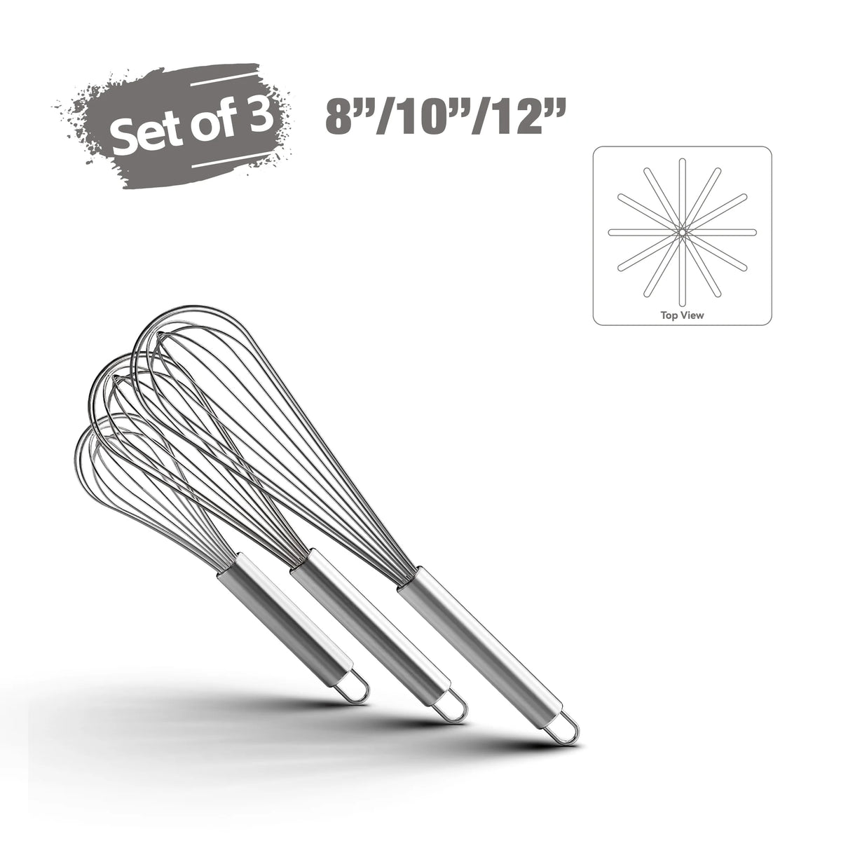 Set of 3 stainless steel kitchen whisks in 8, 10, and 12 inch sizes with hanging loops and top view diagram