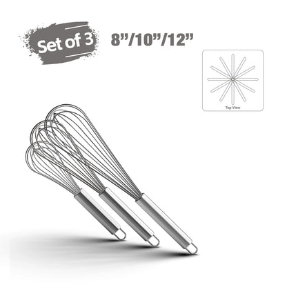 Set of 3 stainless steel kitchen whisks in 8, 10, and 12 inch sizes with hanging loops and top view diagram