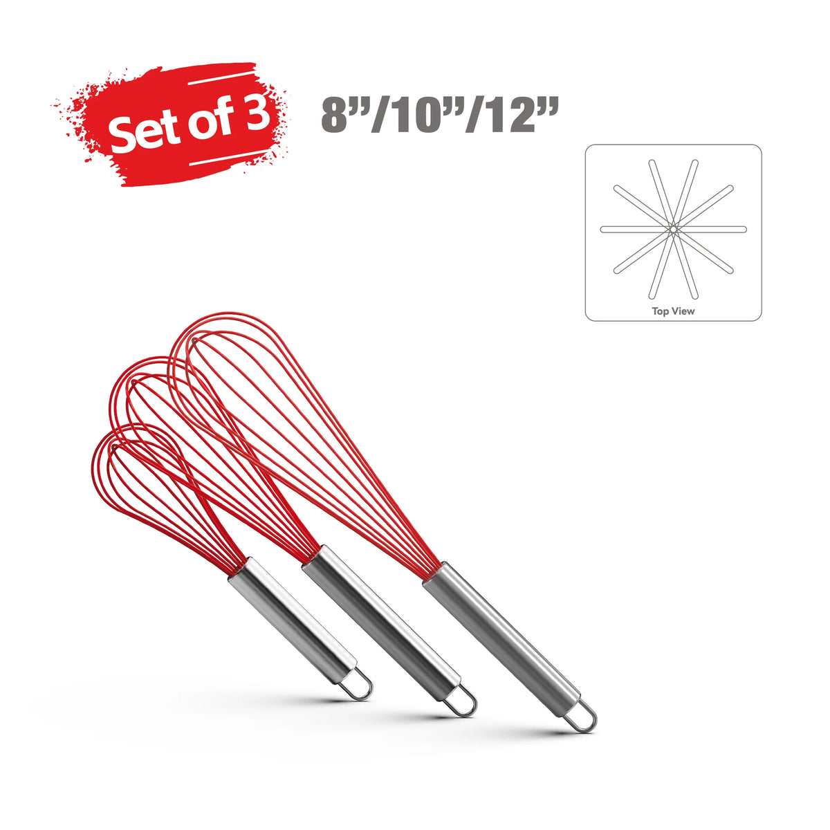 Set of 3 red silicone whisks with stainless steel handles in 8", 10", and 12" sizes
