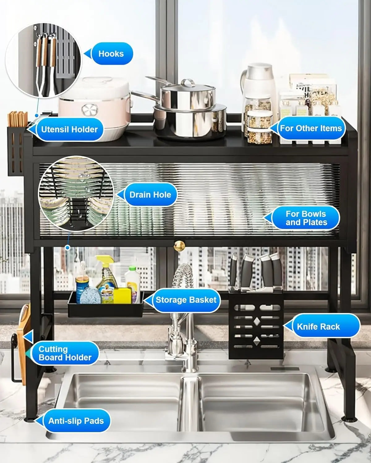 Over Sink Dish Rack | Above Sink Drainage Drying Rack with Cutlery Holder - Maximize Counter Space | Trendorio Shop