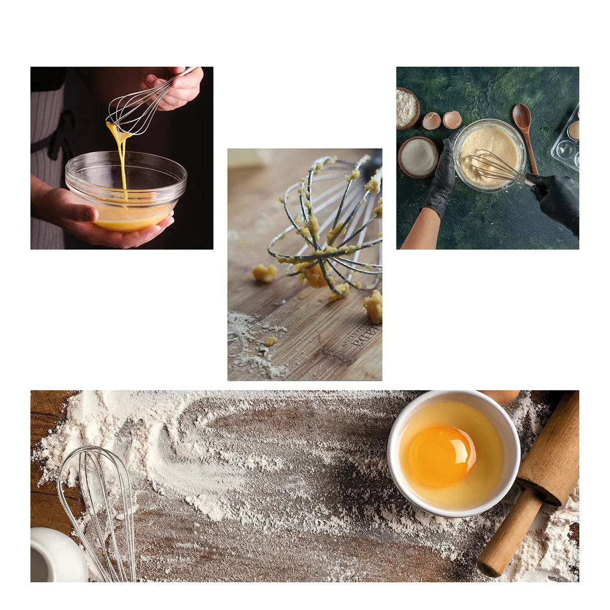 Collage of kitchen scenes showing whisking eggs, batter preparation, flour on wooden board, and baking tools