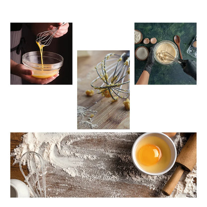 Collage of kitchen scenes showing whisking eggs, batter preparation, flour on wooden board, and baking tools