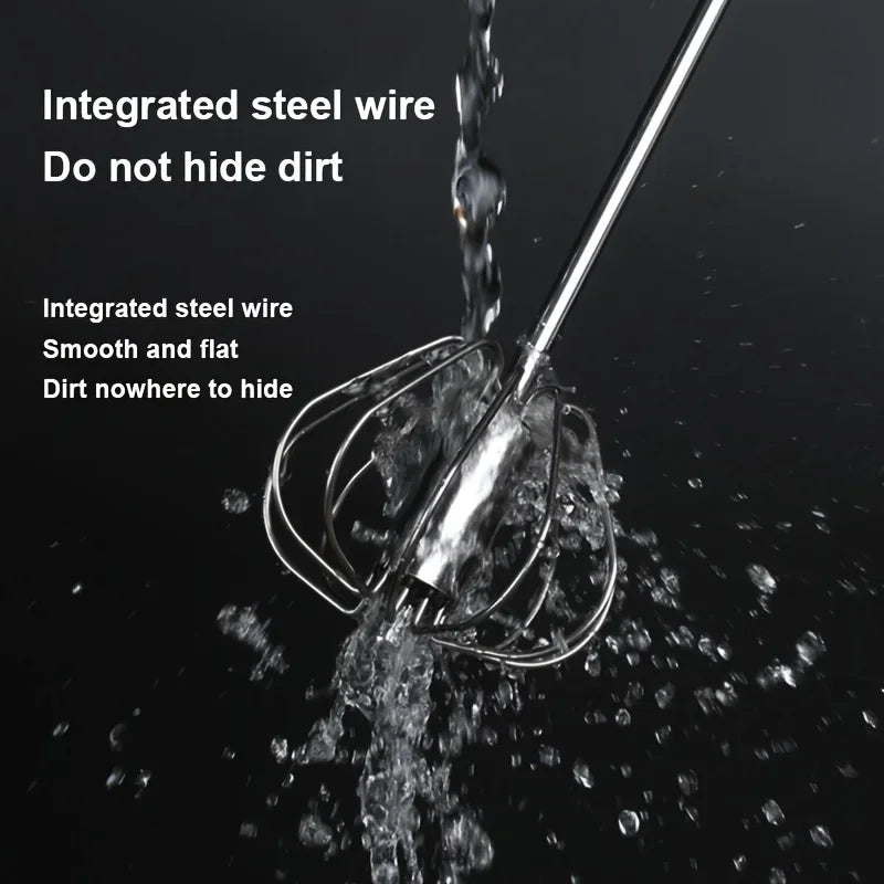 Stainless steel wire whisk being rinsed with water, highlighting smooth integrated steel wire design