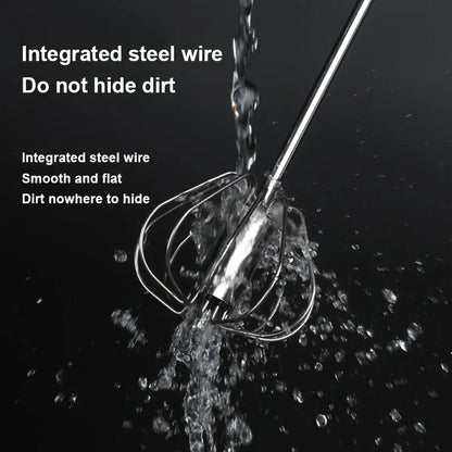 Stainless steel wire whisk being rinsed with water, highlighting smooth integrated steel wire design